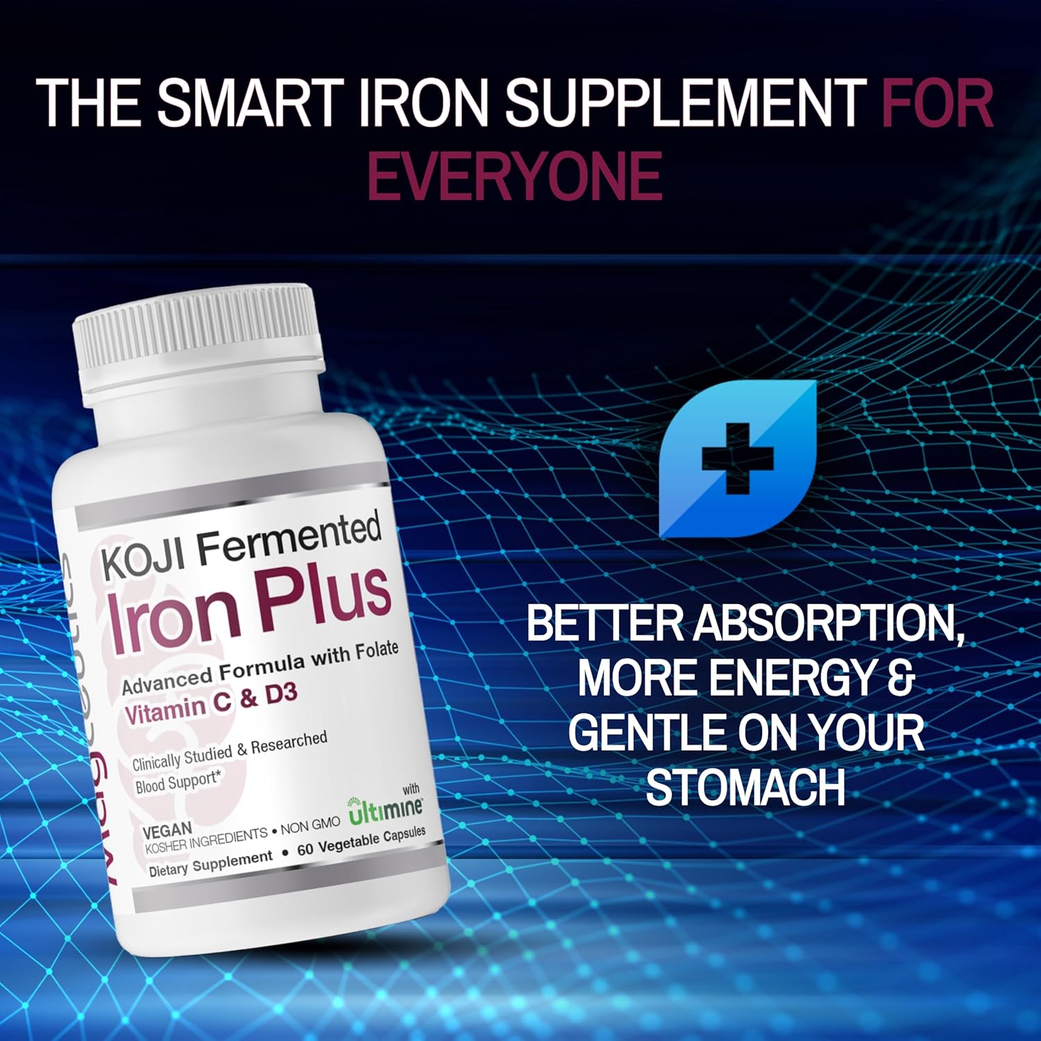 Koji Fermented Iron Plus Supplement with Vitamin C, D3, Folate - Vegan, Non-GMO - 60 Capsules for Blood Support