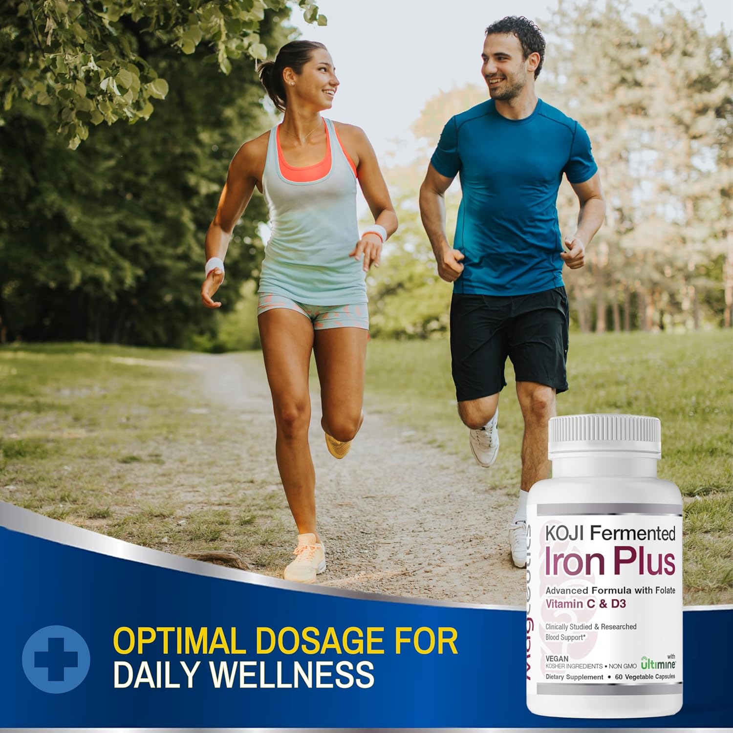 Koji Fermented Iron Plus Supplement with Vitamin C, D3, Folate - Vegan, Non-GMO - 60 Capsules for Blood Support