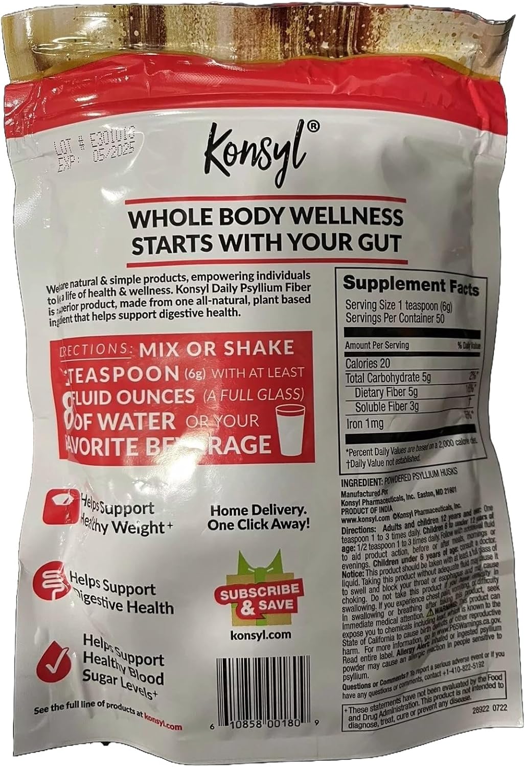 Konsyl Psyllium Fiber Powder for Digestive Health - 300g Non-GMO Vegan Keto Supplement - 10.58 oz Pack