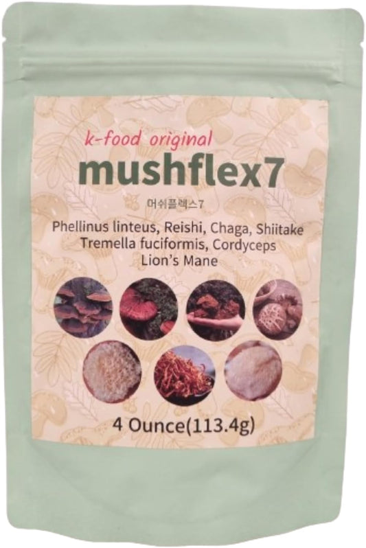 Korean 7 Mushroom Powder Supplement with Phellinus linteus, Red Reishi, Lion’s Mane, Cordyceps, Chaga, Shiitake, Tremella fuciformis - 4oz