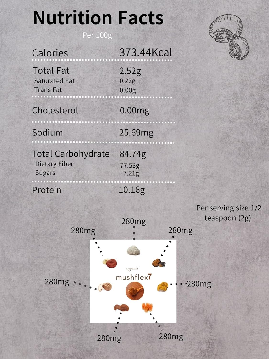 Korean 7 Mushroom Powder Supplement with Phellinus linteus, Red Reishi, Lion’s Mane, Cordyceps, Chaga, Shiitake, Tremella fuciformis - 4oz