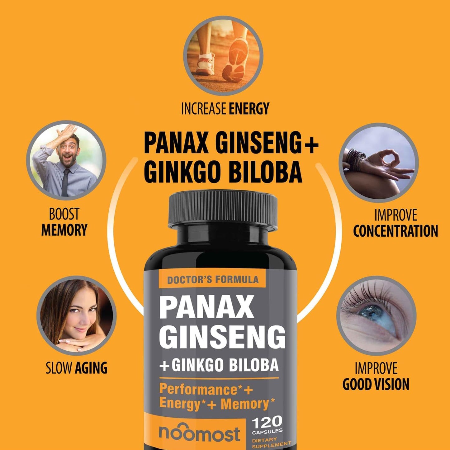 Korean Red Panax Ginseng and Ginkgo Biloba Capsules for Energy and Focus - 120 Vegan Capsules with Ginseng Root Extract Powder (1000mg) and Gingko Biloba (60mg) - Men and Women's Supplement with 10% Ginsenosides