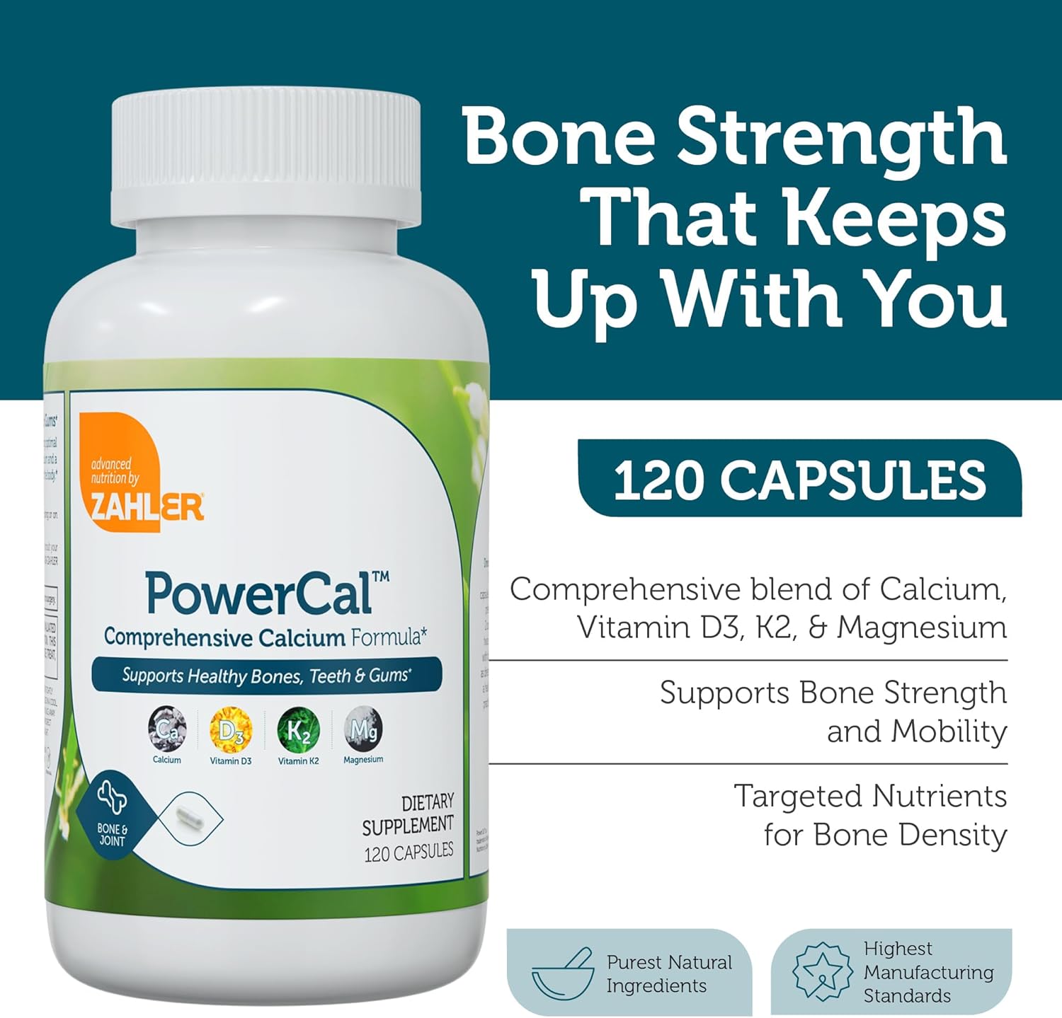 Kosher Calcium D3 K2 Magnesium Supplement for Teeth, Gums & Bone Strength - 120 Capsules