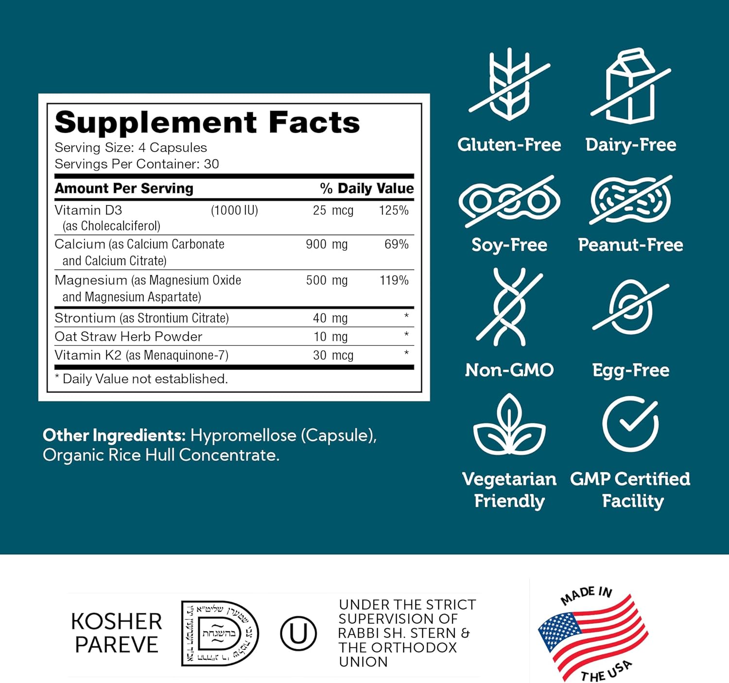 Kosher Calcium D3 K2 Magnesium Supplement for Teeth, Gums & Bone Strength - 120 Capsules
