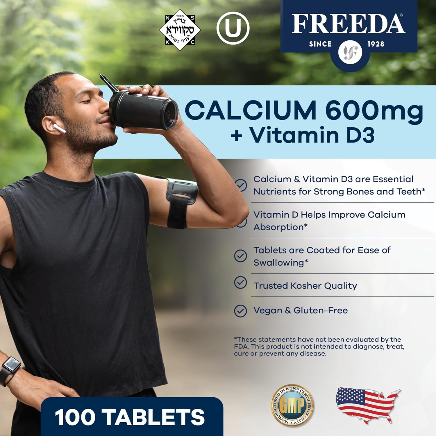 Kosher Calcium D3 Tablets 600mg with Vitamin D3 400IU - Gluten Free Bone Support Supplement for Women & Men - Easy to Swallow Coated Tablets (100 Ct)