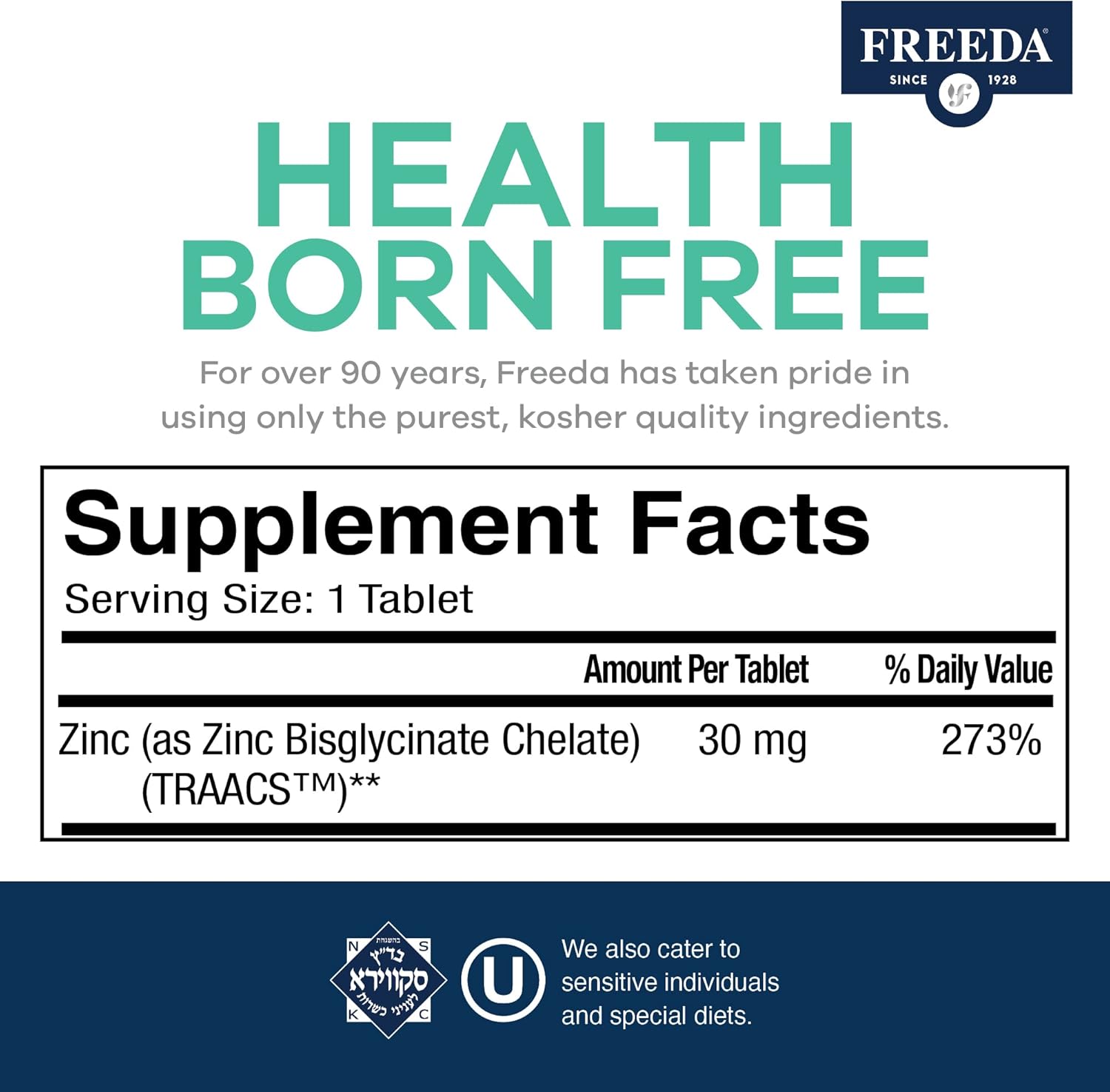 Kosher Chelated Zinc Supplement: 30mg Tablets with Albion TRAACS Zinc Bisglycinate - Pure Zinc for Men & Women - 100 Tablets