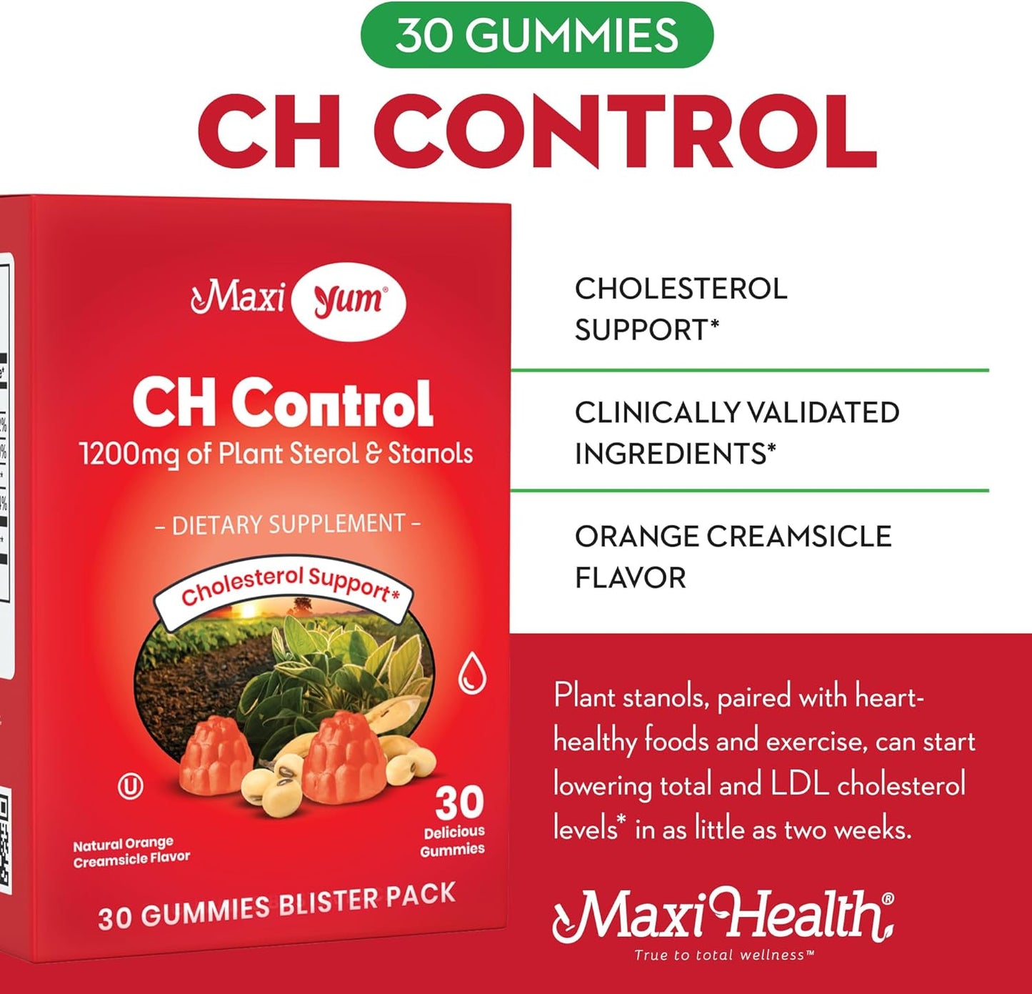 Kosher Gluten-Free Maxi Health Cholesterol Gummies - 1200mg Plant Sterols & Stanols - Healthy Supplement for Cholesterol Support - 30 Count