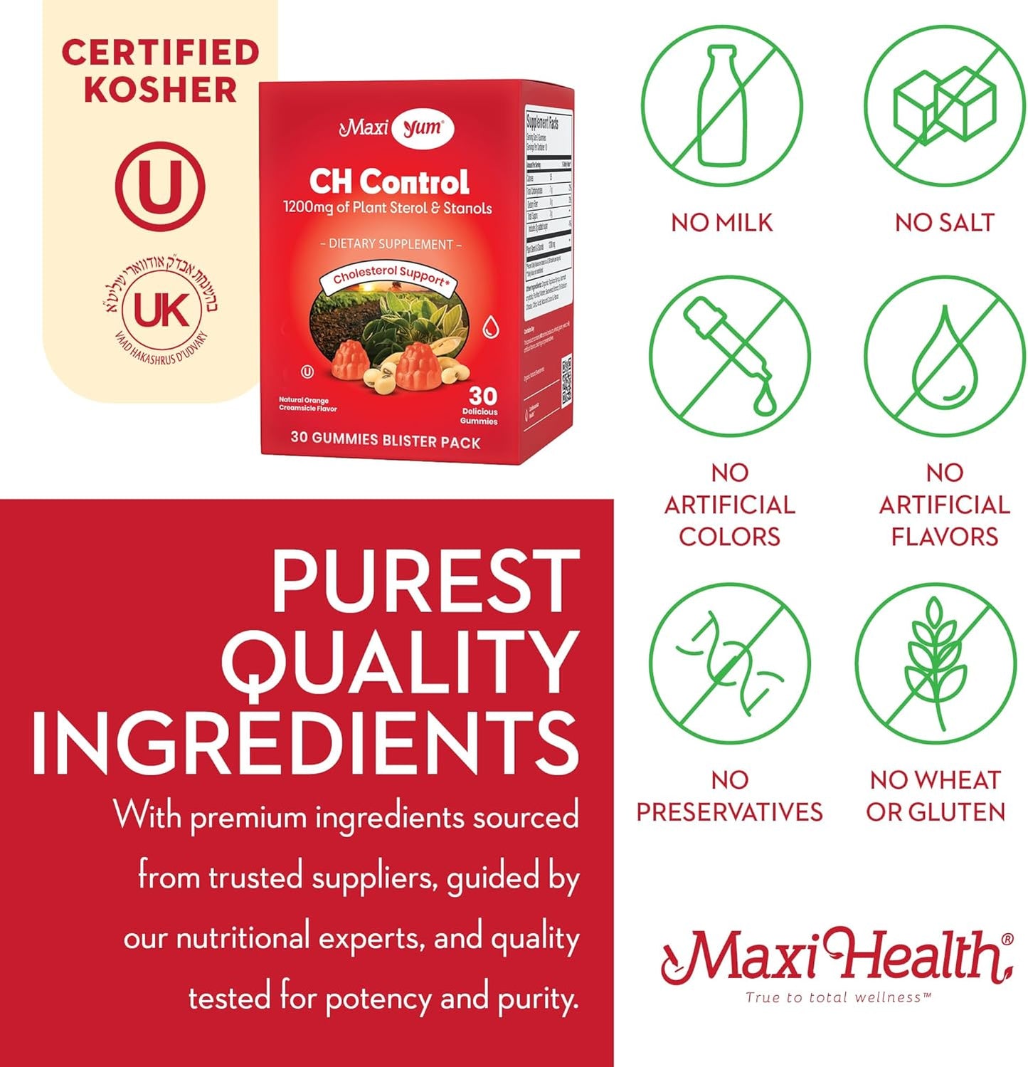 Kosher Gluten-Free Maxi Health Cholesterol Gummies - 1200mg Plant Sterols & Stanols - Healthy Supplement for Cholesterol Support - 30 Count