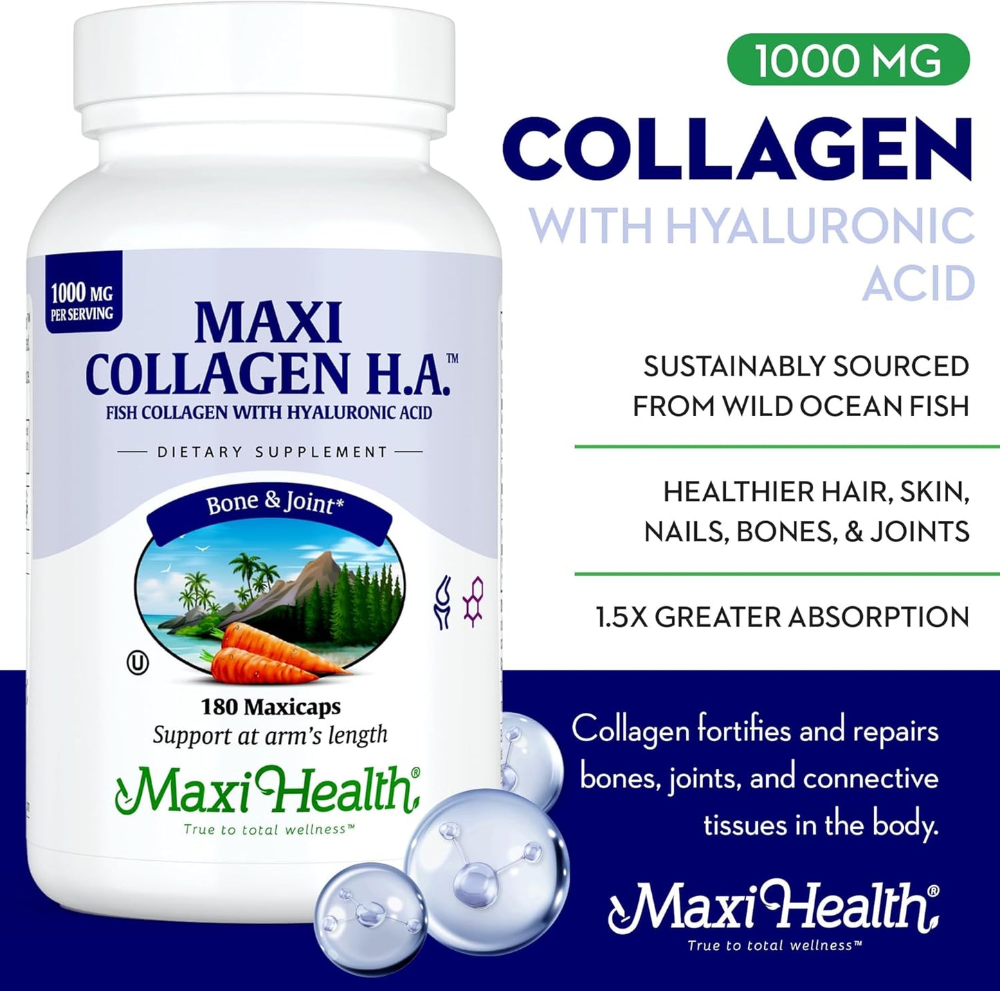 Kosher Hydrolyzed Marine Collagen Capsules with Hyaluronic Acid - Enhanced Absorption for Hair, Skin, Nails, Joints, Bones - 180 Count