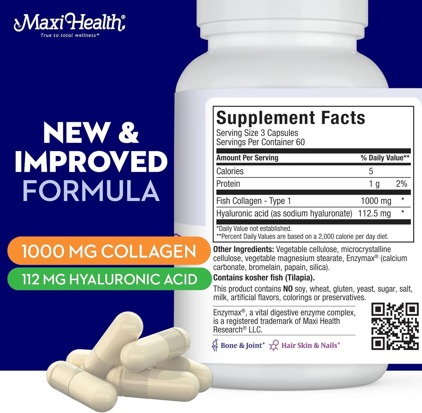 Kosher Hydrolyzed Marine Collagen Capsules with Hyaluronic Acid - Enhanced Absorption for Hair, Skin, Nails, Joints, Bones - 180 Count