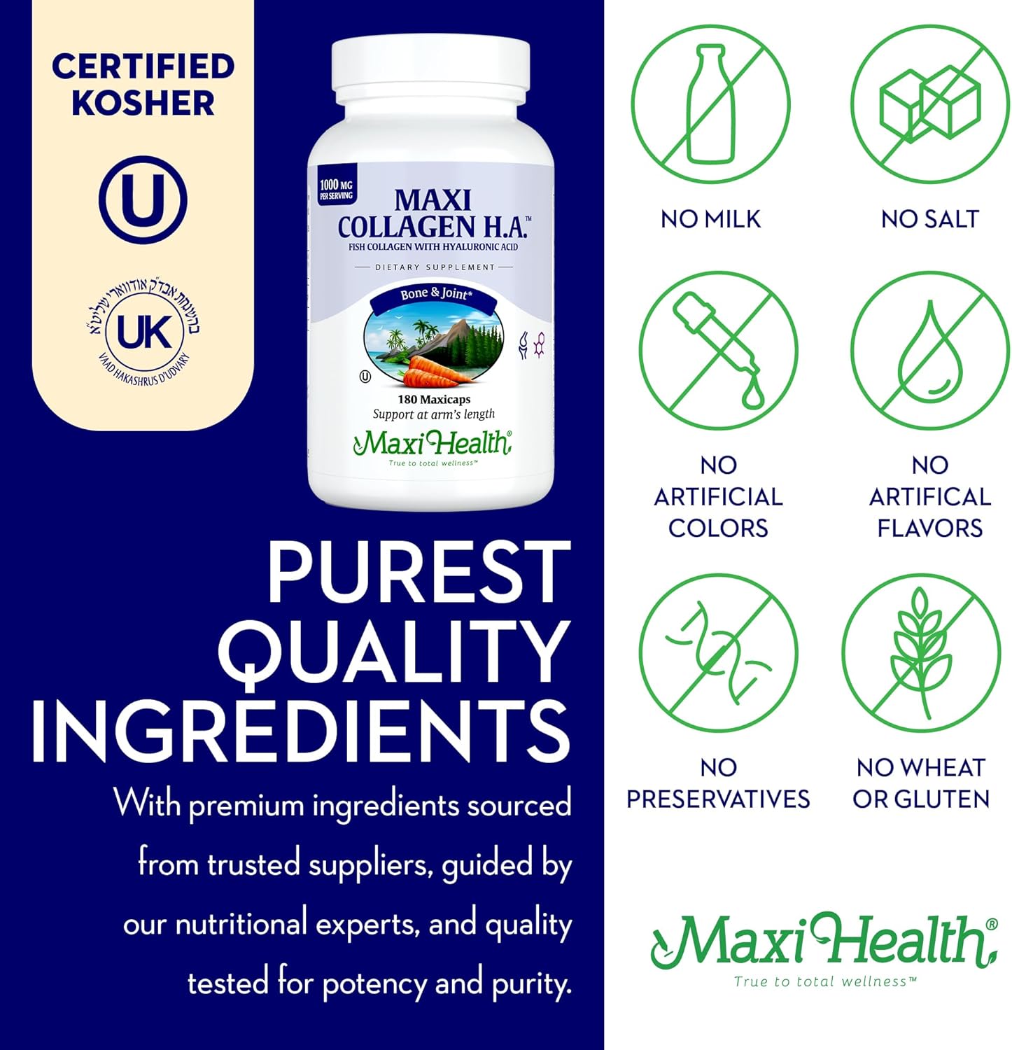 Kosher Hydrolyzed Marine Collagen Capsules with Hyaluronic Acid - Enhanced Absorption for Hair, Skin, Nails, Joints, Bones - 180 Count