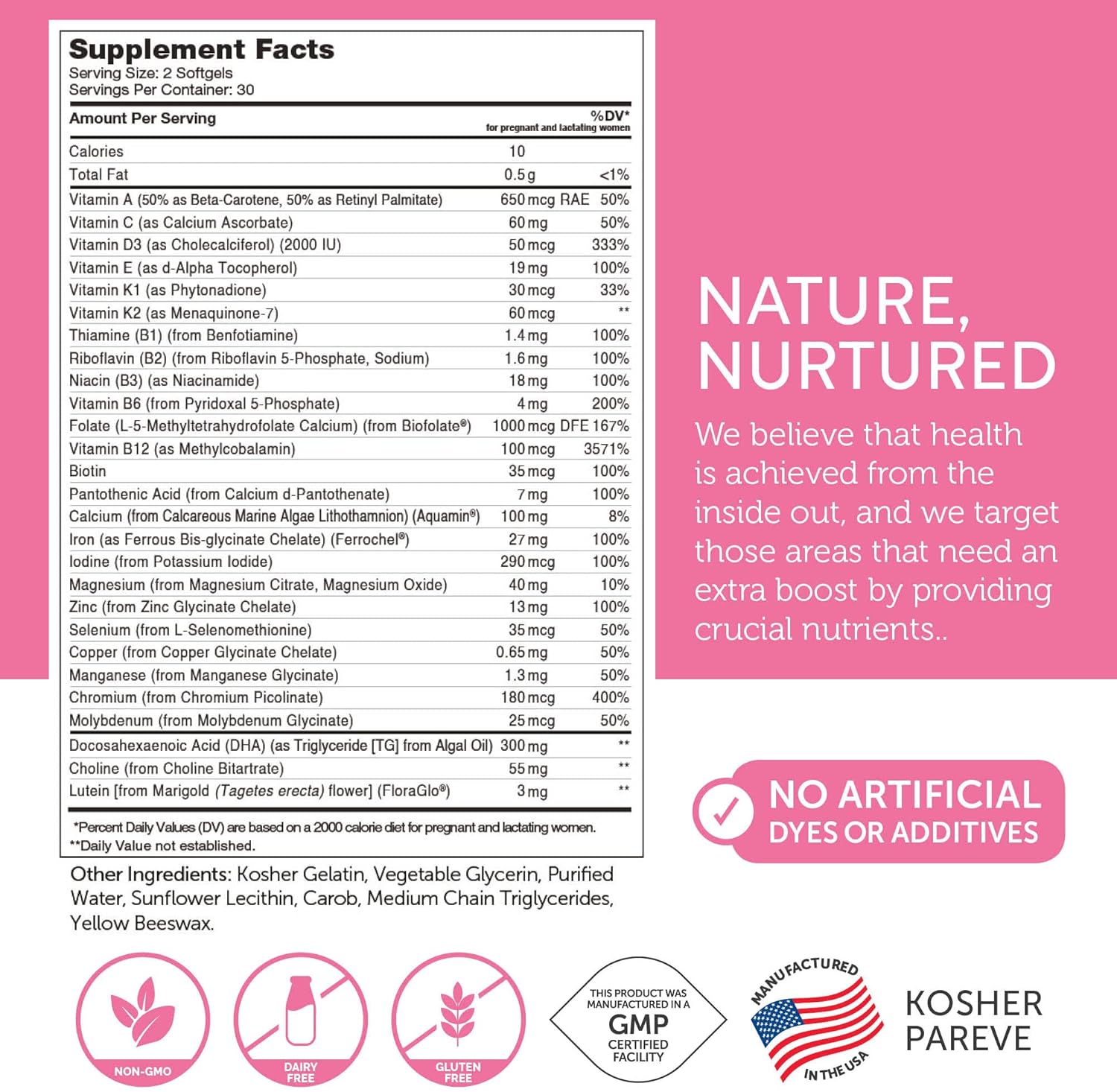 Kosher Prenatal DHA Vitamin with Folate & Iron - 60 Softgel Count - Essential DHA Supplements for Mother and Child