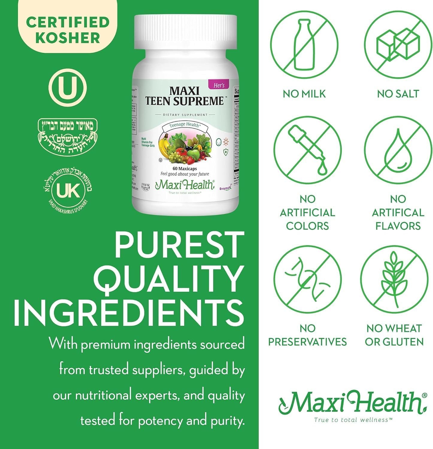 Kosher Teen Girl Multivitamin 12-17 Years, Natural Minerals for Development & Immune Health, 60 Count