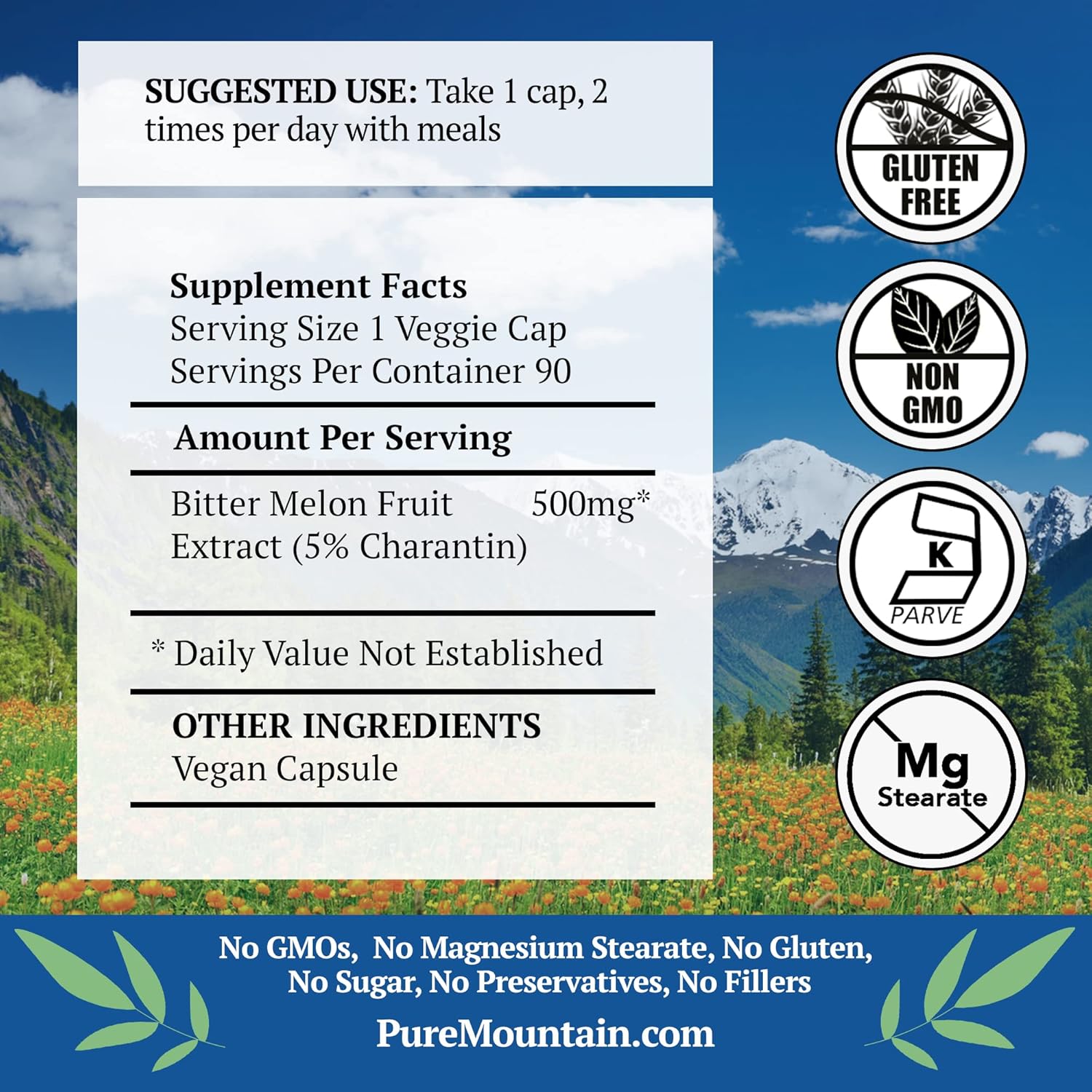 Kosher Vegan Bitter Melon Capsules with 500mg Extract Supplement by Pure Mountain Botanicals