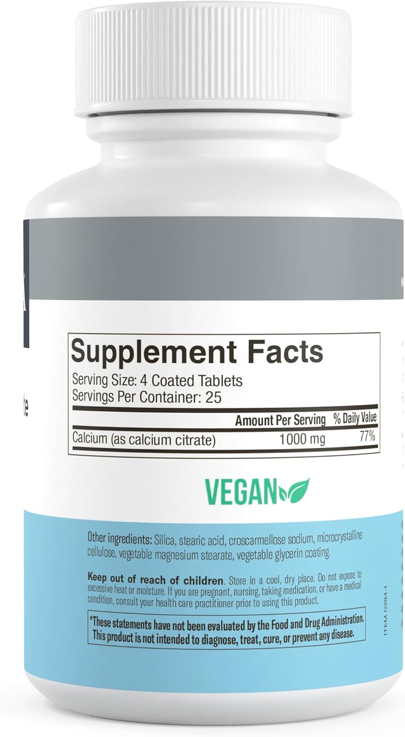 Kosher Vegan Calcium Citrate Supplement for Bone & Joint Health - 1000mg Tablets (100 Ct)