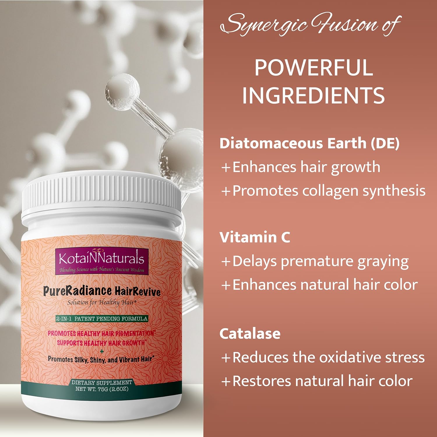 KotaiNNaturals Pure Radiance Hair Revive Powder - 2-in-1 Supplement for Hair Growth & Gray Hair Reversal with Collagen Benefits - Men & Women