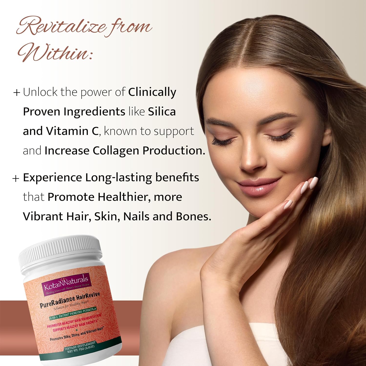 KotaiNNaturals Pure Radiance Hair Revive Powder - 2-in-1 Supplement for Hair Growth & Gray Hair Reversal with Collagen Benefits - Men & Women
