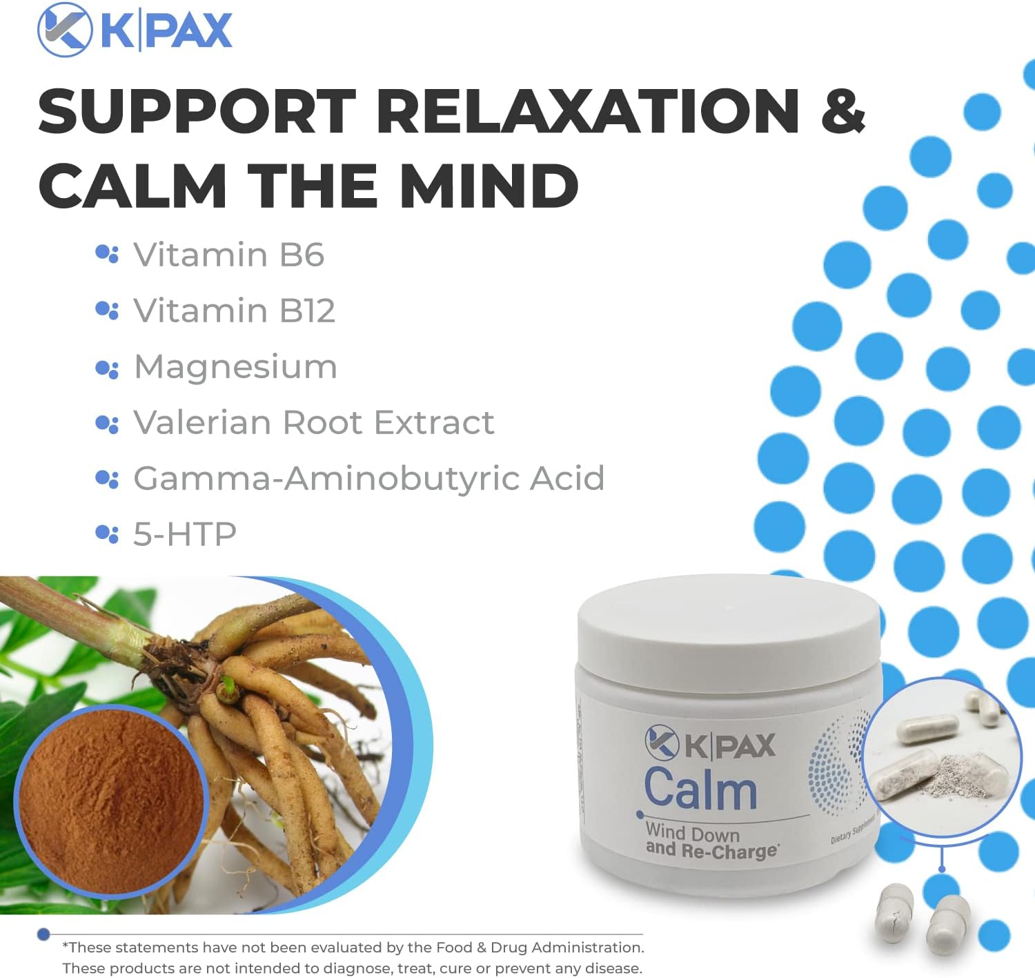 K*PAX KPAX Calm Magnesium Glycinate Supplement with GABA and Valerian Extract for Balanced Mood - 60 Tablets