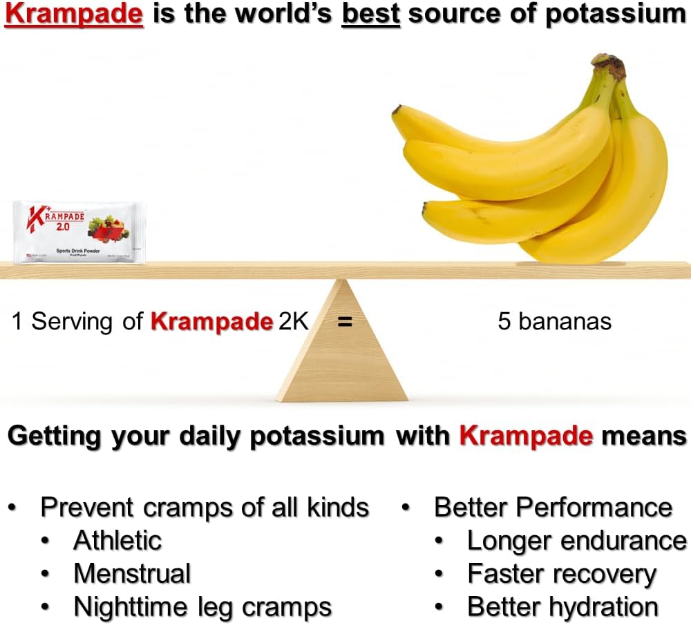 Krampade 2.0 2K Electrolyte Drink Powder: 50mg Magnesium + 2000mg Potassium for Cramp Relief, Faster Recovery, Slower Fatigue, Optimized Hydration - 20 Single-Serving Packets (Fruit Punch)