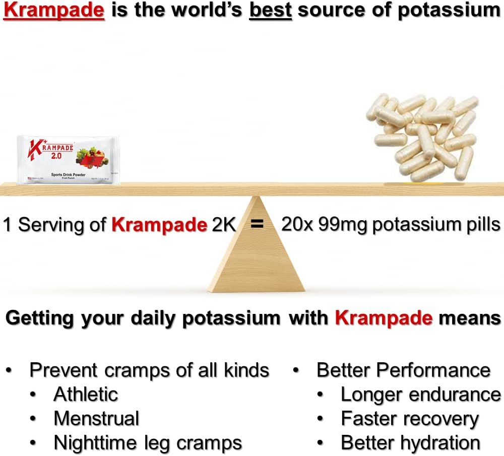Krampade 2.0 2K Electrolyte Drink Powder: 50mg Magnesium + 2000mg Potassium for Cramp Relief, Faster Recovery, Slower Fatigue, Optimized Hydration - 20 Single-Serving Packets (Fruit Punch)