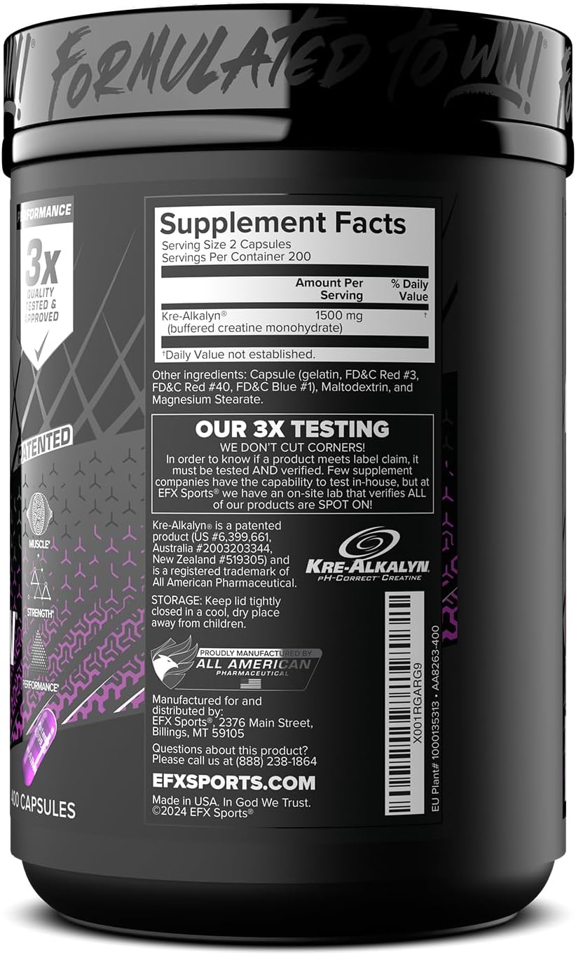 Kre-Alkalyn EFX Creatine Monohydrate Pills - pH Balanced Supplement for Strength & Muscle Growth - 400 Capsules, 200 Servings