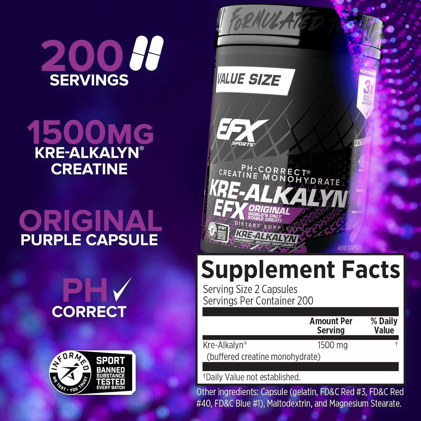 Kre-Alkalyn EFX Creatine Monohydrate Pills - pH Balanced Supplement for Strength & Muscle Growth - 400 Capsules, 200 Servings