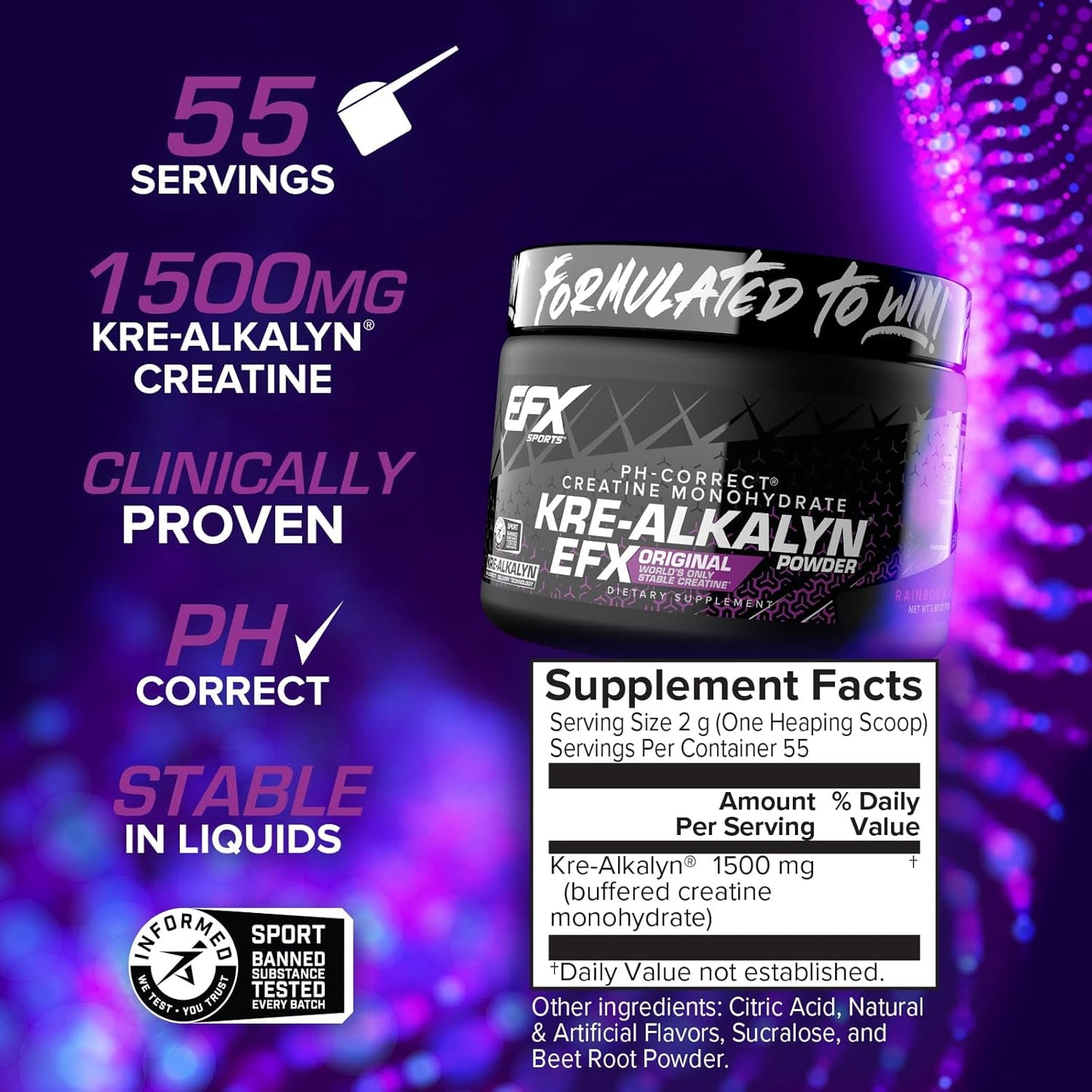 Kre-Alkalyn EFX Powder - pH Correct Creatine Monohydrate Supplement for Strength & Muscle Growth - 55 Servings, Rainbow Blast Flavor