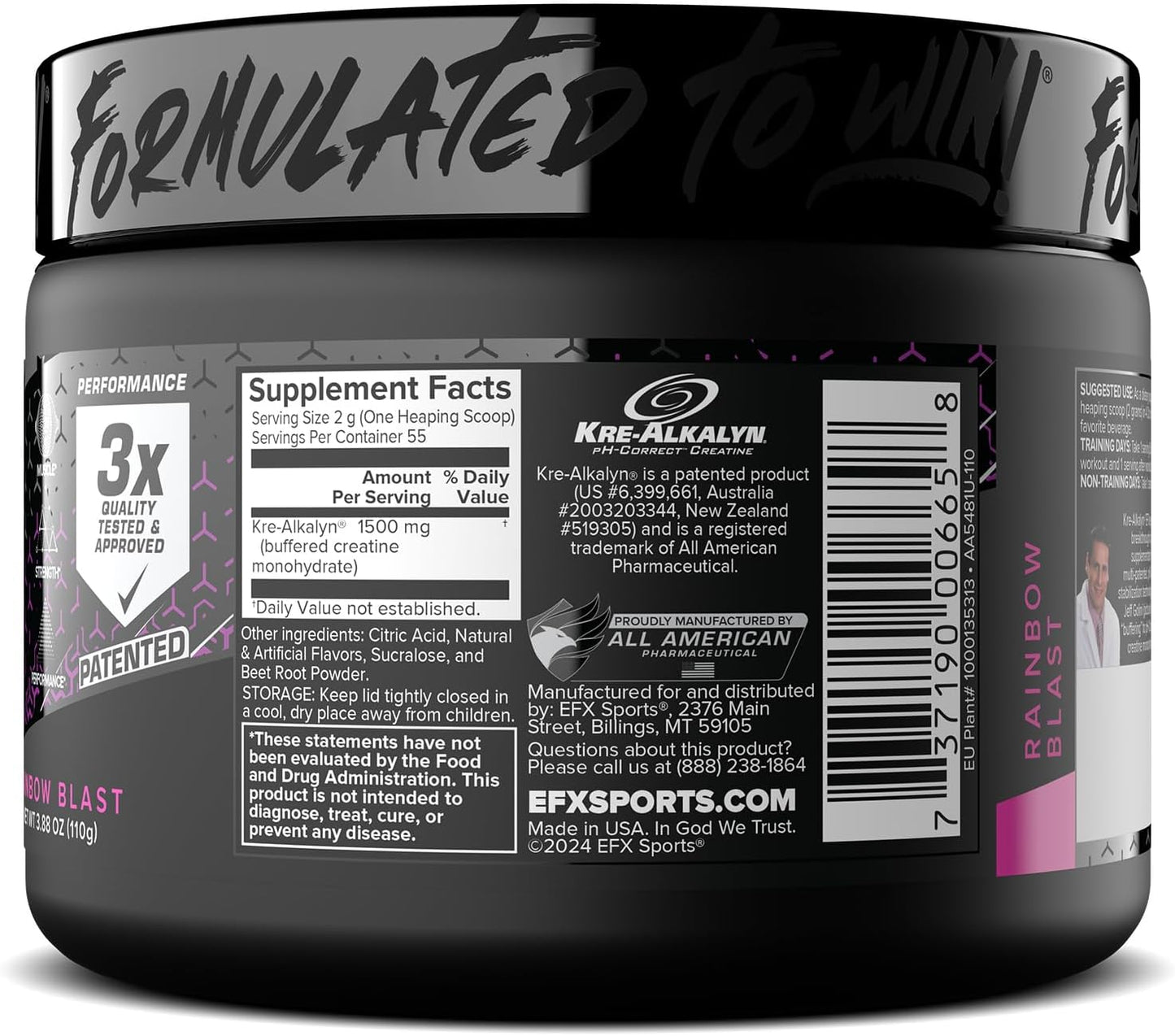 Kre-Alkalyn EFX Powder - pH Correct Creatine Monohydrate Supplement for Strength & Muscle Growth - 55 Servings, Rainbow Blast Flavor