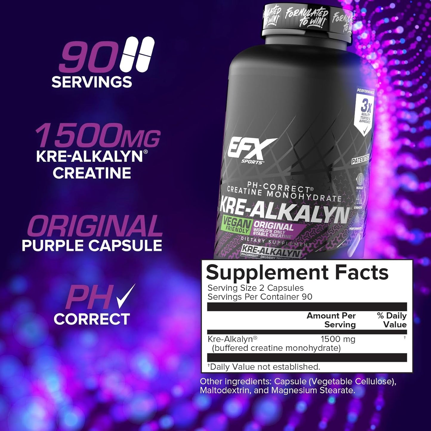 Kre-Alkalyn EFX Supplement: pH-Correct Creatine Monohydrate Capsules for Strength & Muscle Growth - Vegan Friendly - 180 Capsules x 2 Pack