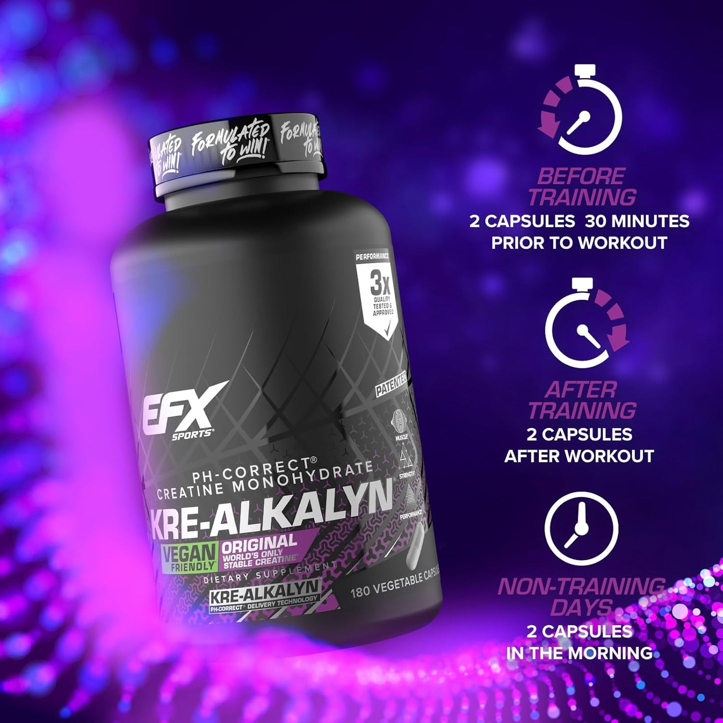 Kre-Alkalyn EFX Supplement: pH-Correct Creatine Monohydrate Capsules for Strength & Muscle Growth - Vegan Friendly - 180 Capsules x 2 Pack