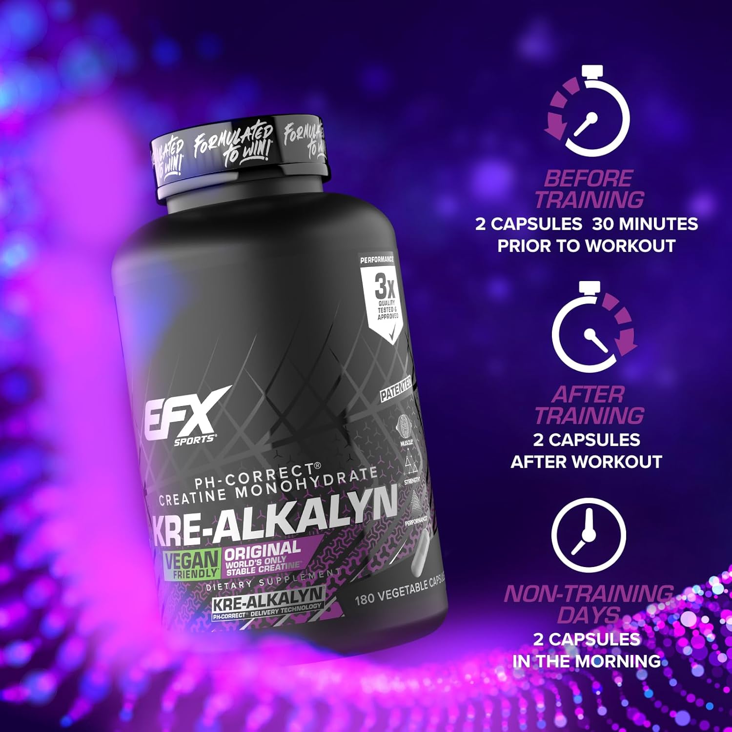 Kre-Alkalyn EFX Supplement: pH-Correct Creatine Monohydrate Capsules for Strength & Muscle Growth - Vegan Friendly - 180 Capsules x 2 Pack