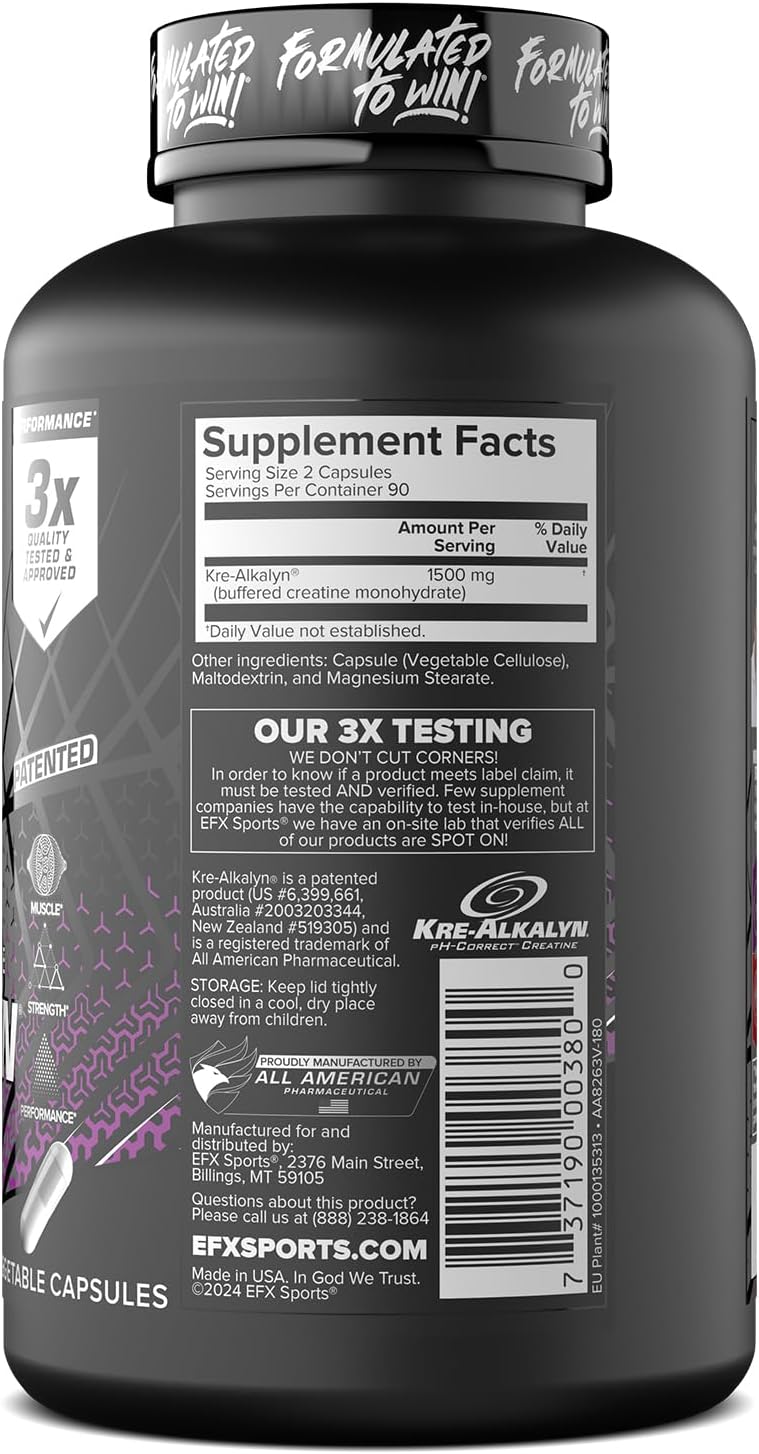 Kre-Alkalyn EFX Supplement: pH-Correct Creatine Monohydrate Capsules for Strength & Muscle Growth - Vegan Friendly - 180 Capsules x 2 Pack
