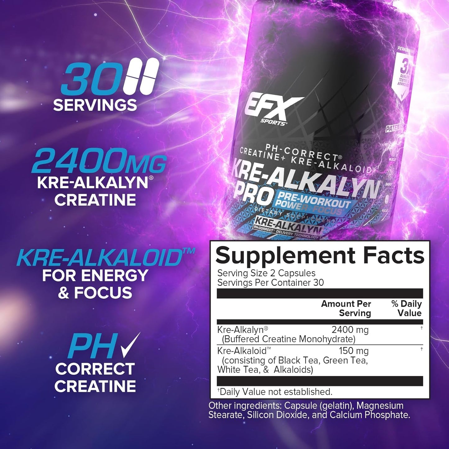 Kre-Alkalyn Pro: pH Correct Creatine Monohydrate Capsules - Muscle Building Pre Workout Supplement for Men & Women - 30 Servings