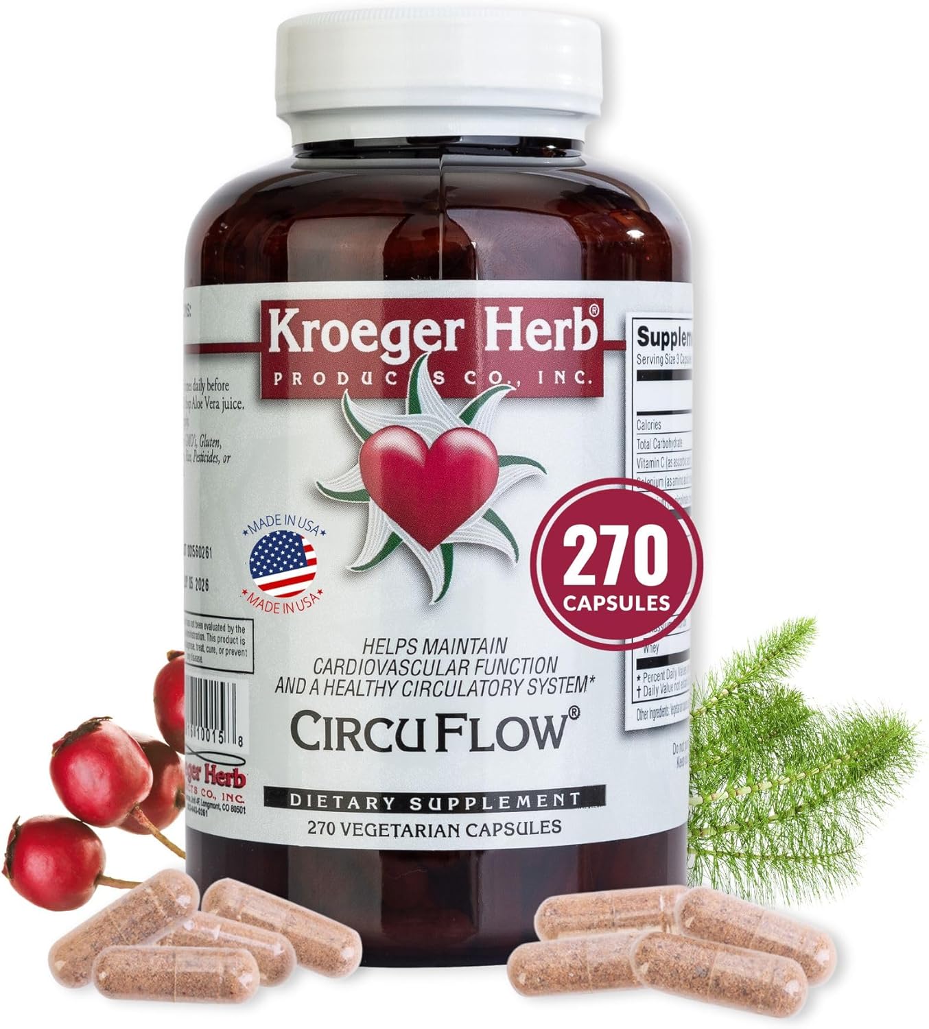 Kroeger Herb Circu Flow Hawthorn Supplement for Heart Support - 270 Capsules, Non-GMO, USA-Made