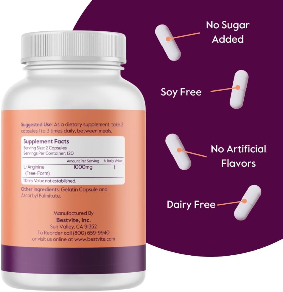 L-Arginine 500mg (240 Capsules) - Magnesium Stearate & Silicon Dioxide Free - Non GMO & Gluten Free