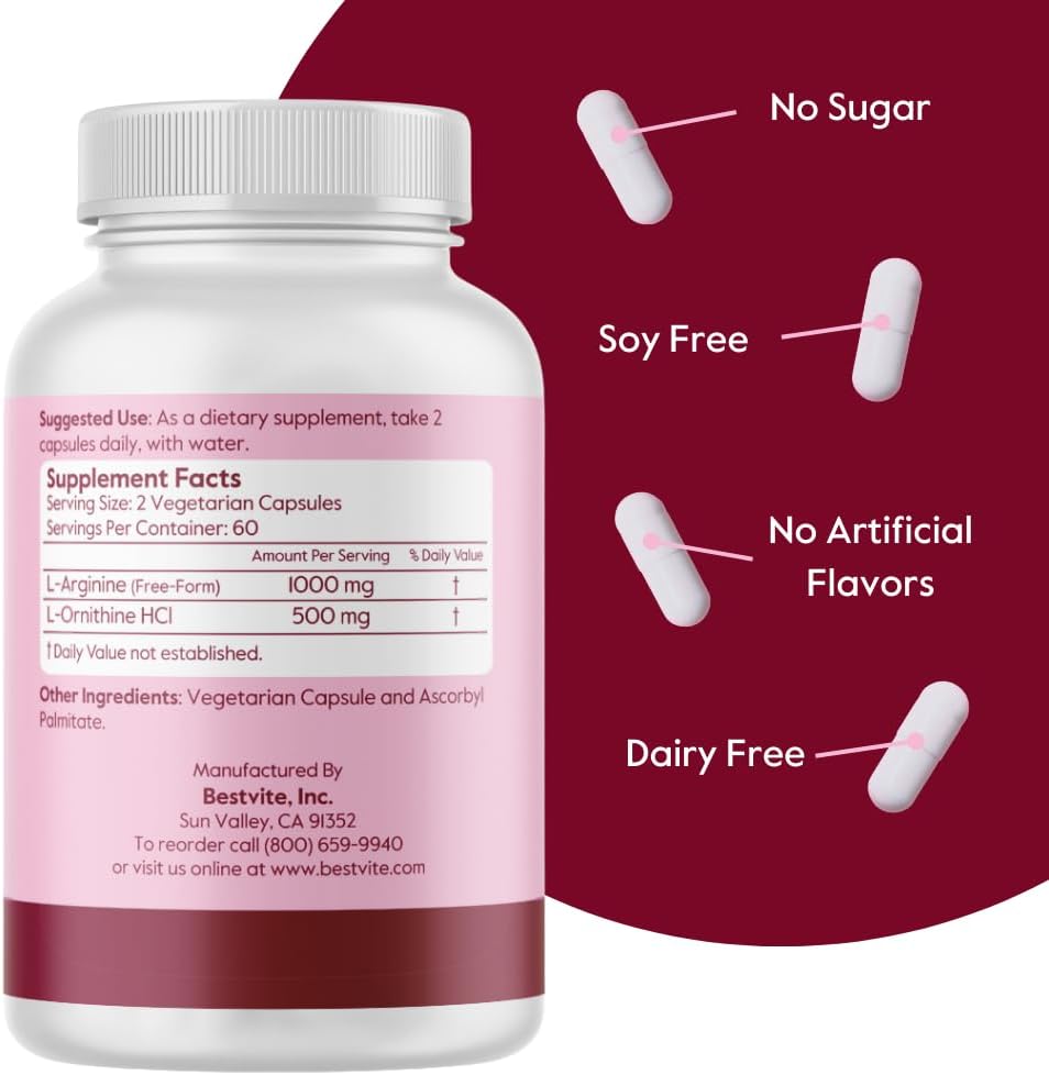 L-Arginine L-Ornithine 500-250 (120 Vegetarian Capsules) - Vegan, Non-GMO, Gluten-Free - No Stearates or Fillers