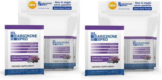 L-ARGININE PRO Single Serve Travel Packets - 60 Pack, 5,500mg L-arginine & 1,100mg L-Citrulline, Grape Berry Flavor