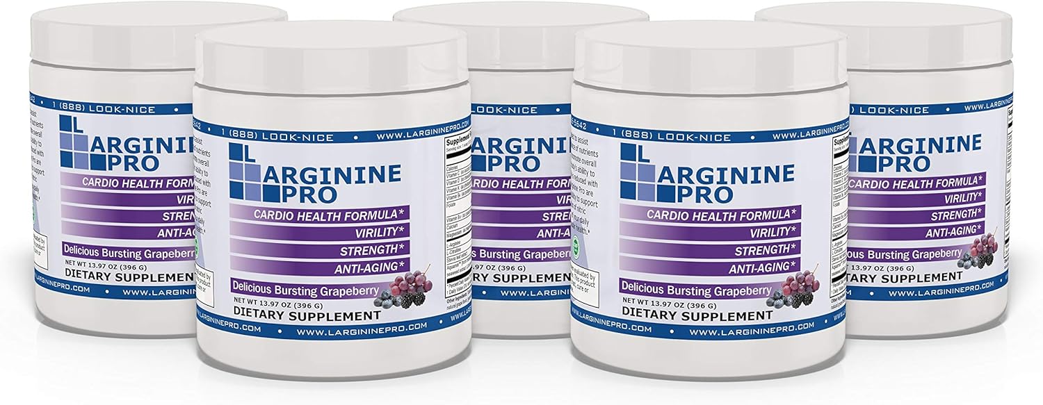 L-arginine Pro Supplement Pack - 5,500mg L-arginine, 1,100mg L-Citrulline, Vitamins & Minerals for Cardio Health, Blood Pressure, Cholesterol, Energy, Sleep - Grapeberry Flavor - 5 Pack