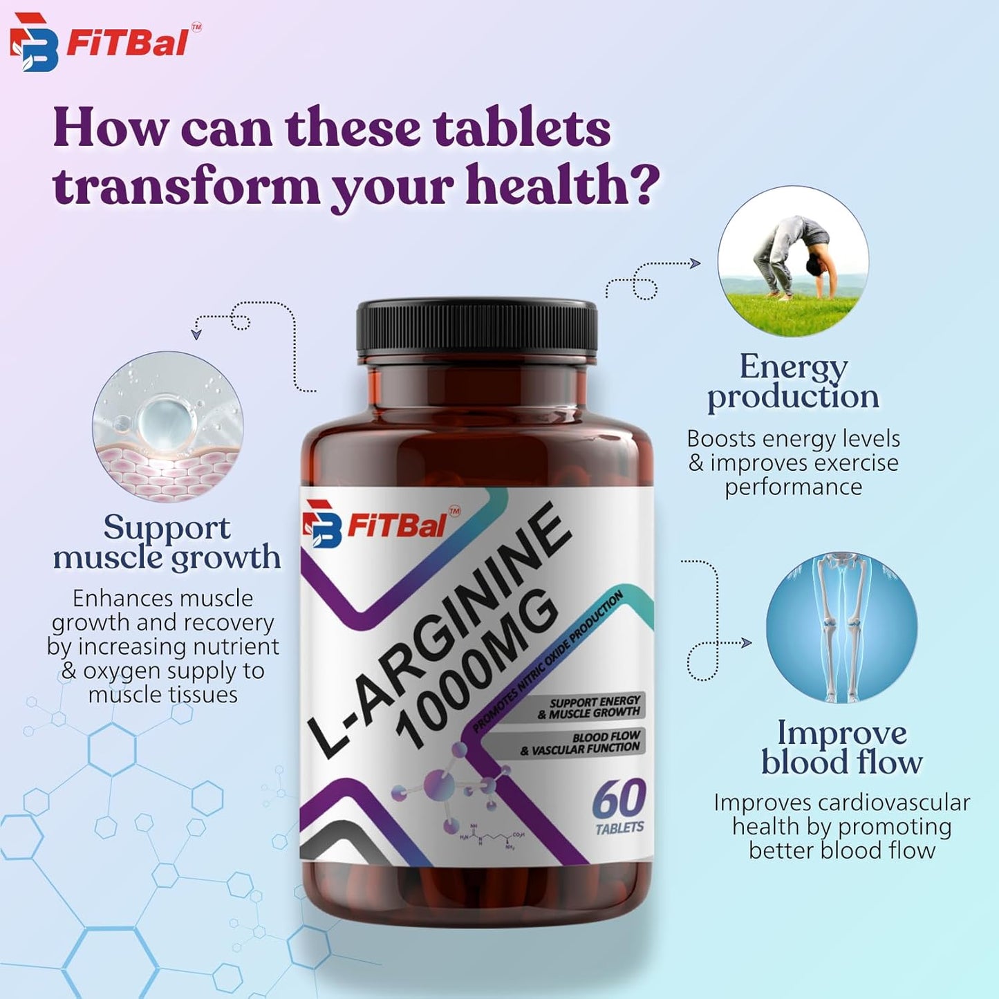 L-Arginine Tablets 1000mg for Energy, Muscle Growth, Blood Flow, and Vascular Function - 60 Tablets