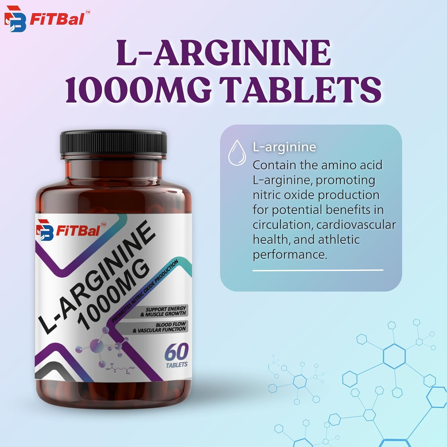 L-Arginine Tablets 1000mg for Energy, Muscle Growth, Blood Flow, and Vascular Function - 60 Tablets