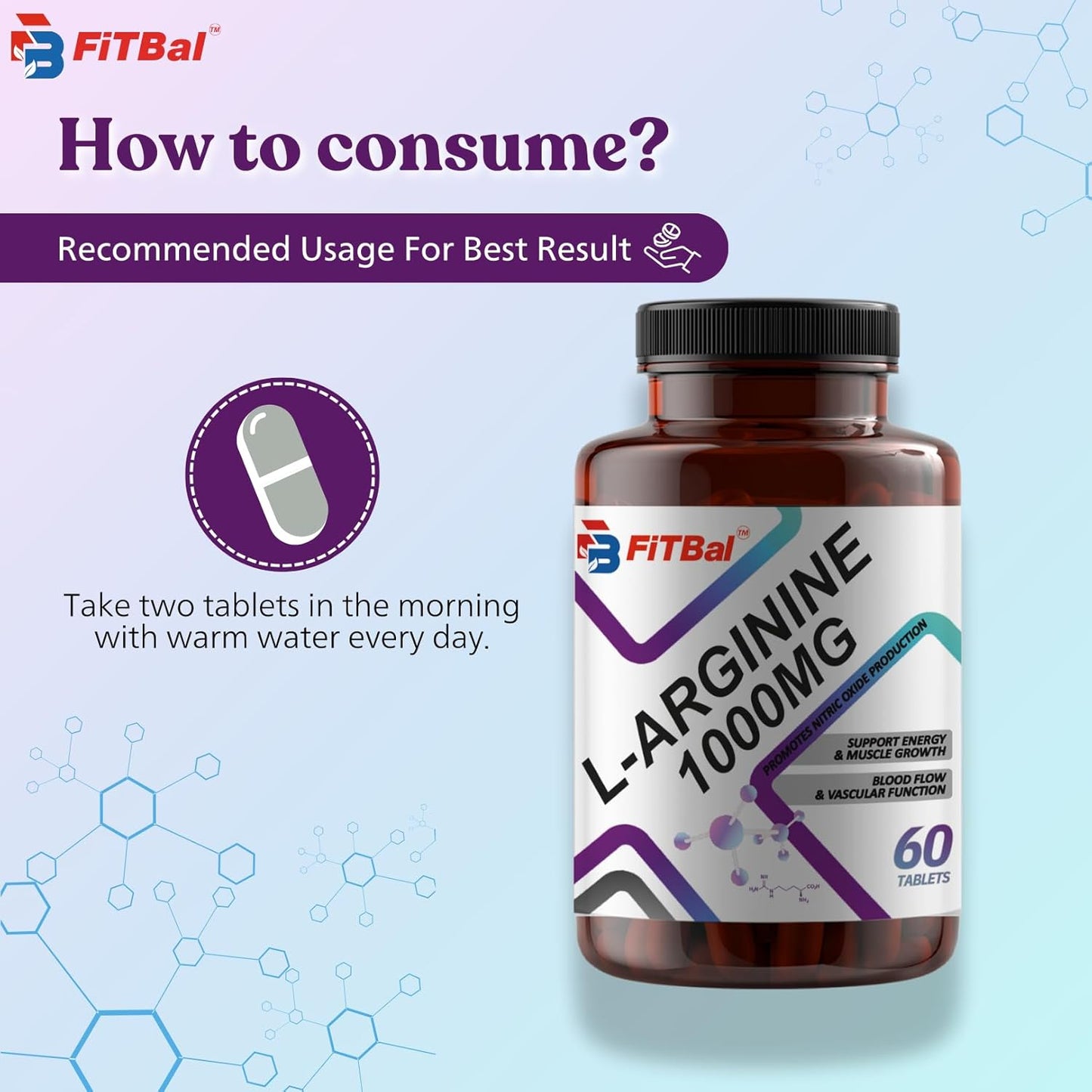 L-Arginine Tablets 1000mg for Energy, Muscle Growth, Blood Flow, and Vascular Function - 60 Tablets