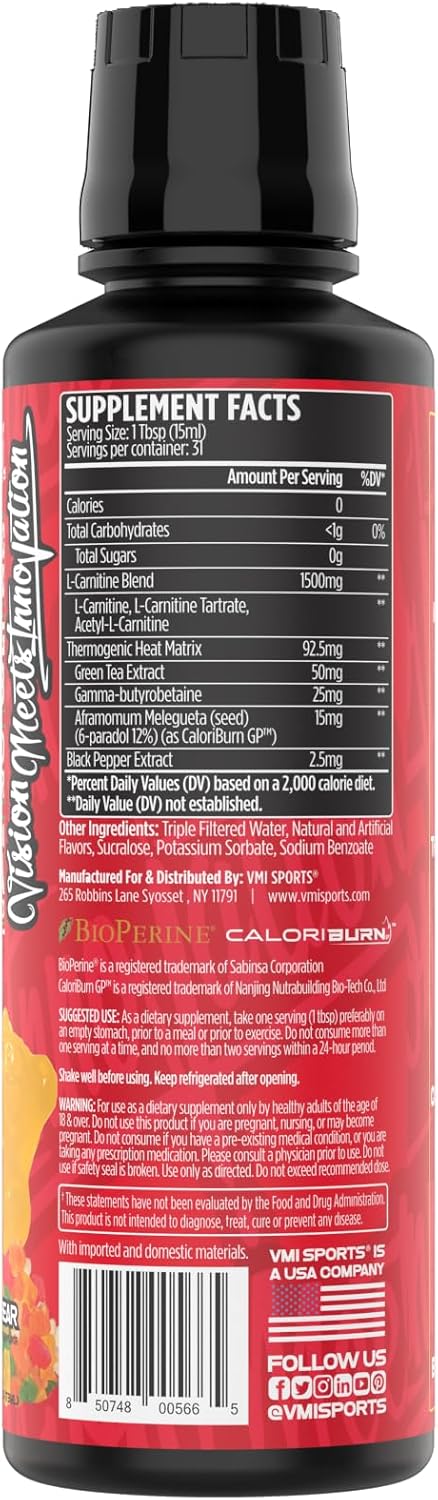 L-Carnitine 1500 Heat Liquid Gummy Bear | Stimulant-Free Metabolic Support for Weight Loss | 1500mg | Men & Women | VMI Sports