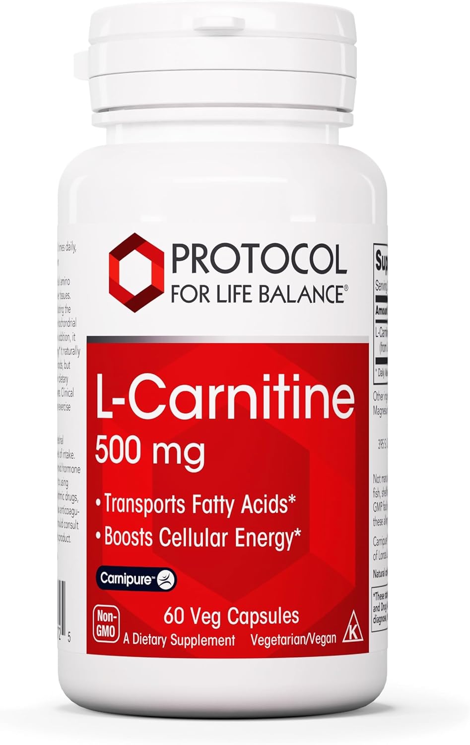 L-Carnitine 500mg Supplement for Cell Energy Metabolism and Exercise Performance - 60 Vegetarian Capsules by Protocol for Life Balance
