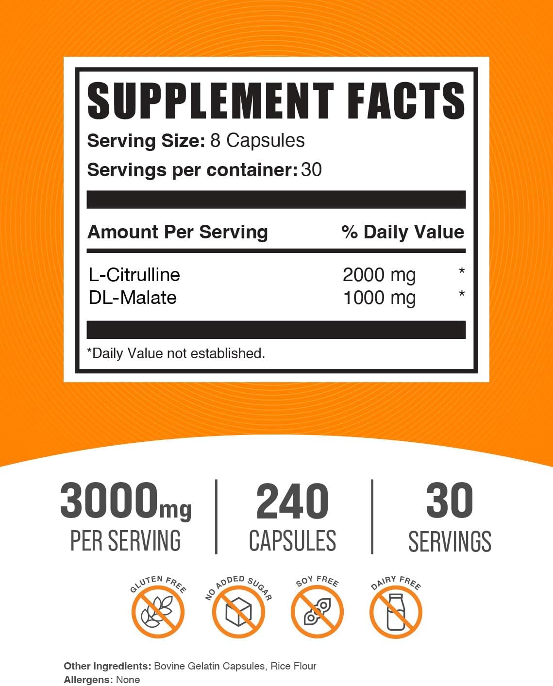 L-Citrulline DL-Malate 2:1 Capsules - Citrulline Malate Supplement, Gluten Free - 240 Capsules, 8 Capsules/Serving