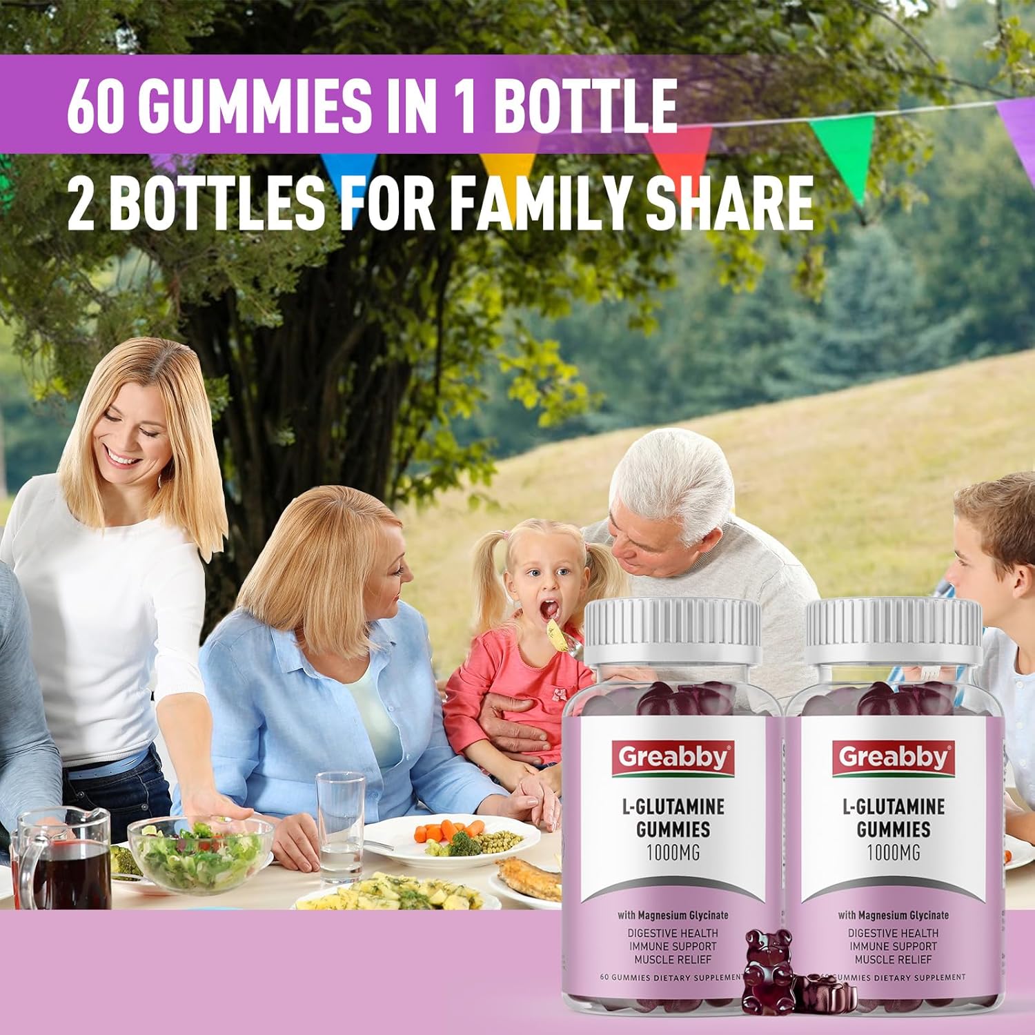 L-Glutamine Gummies 1000mg - Muscle & Immune Support Supplement with Magnesium, Vegan, Non-GMO, Gluten Free - 120 Count