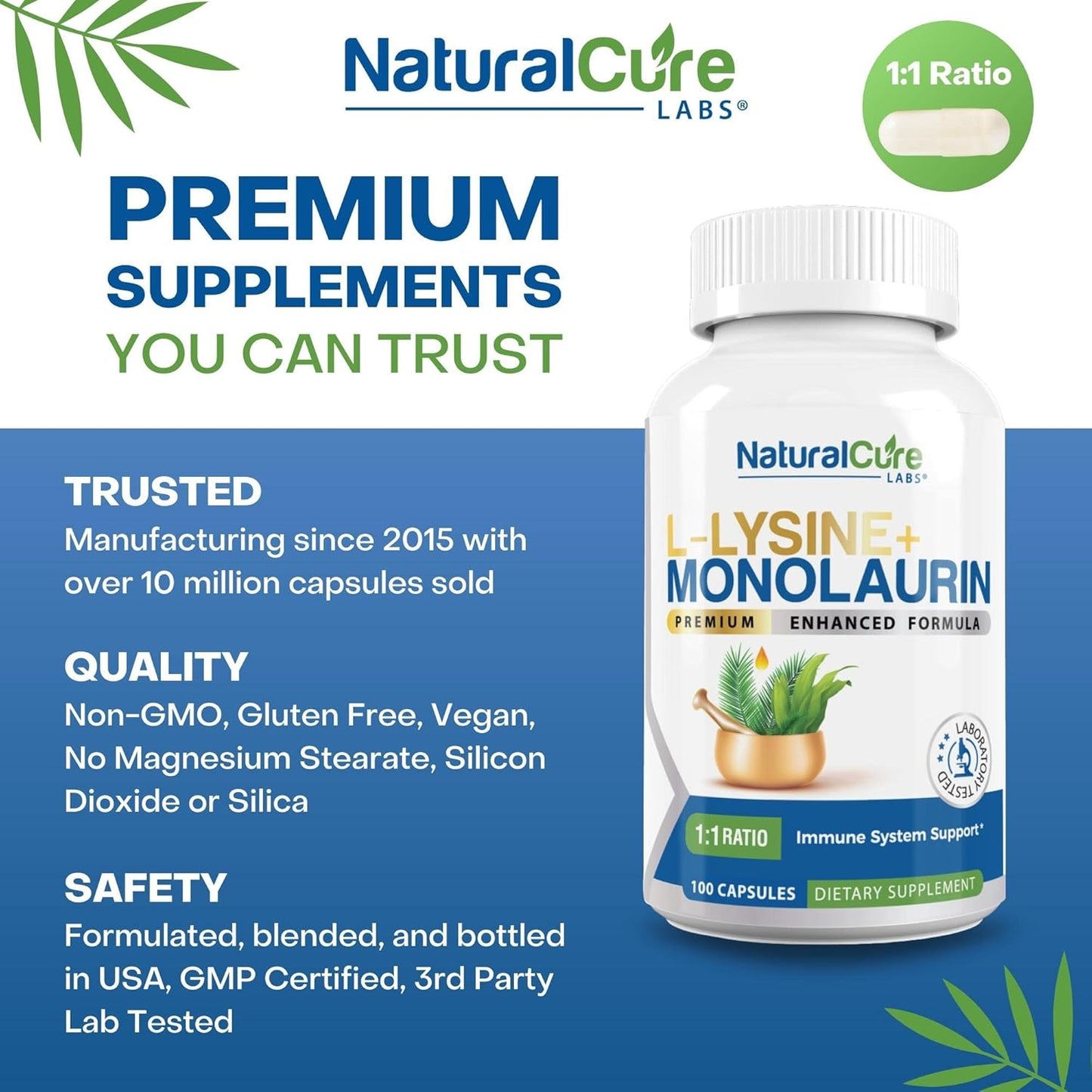 L-Lysine and Monolaurin 600mg Capsules - 100 Count, Natural Cure Labs Formula
