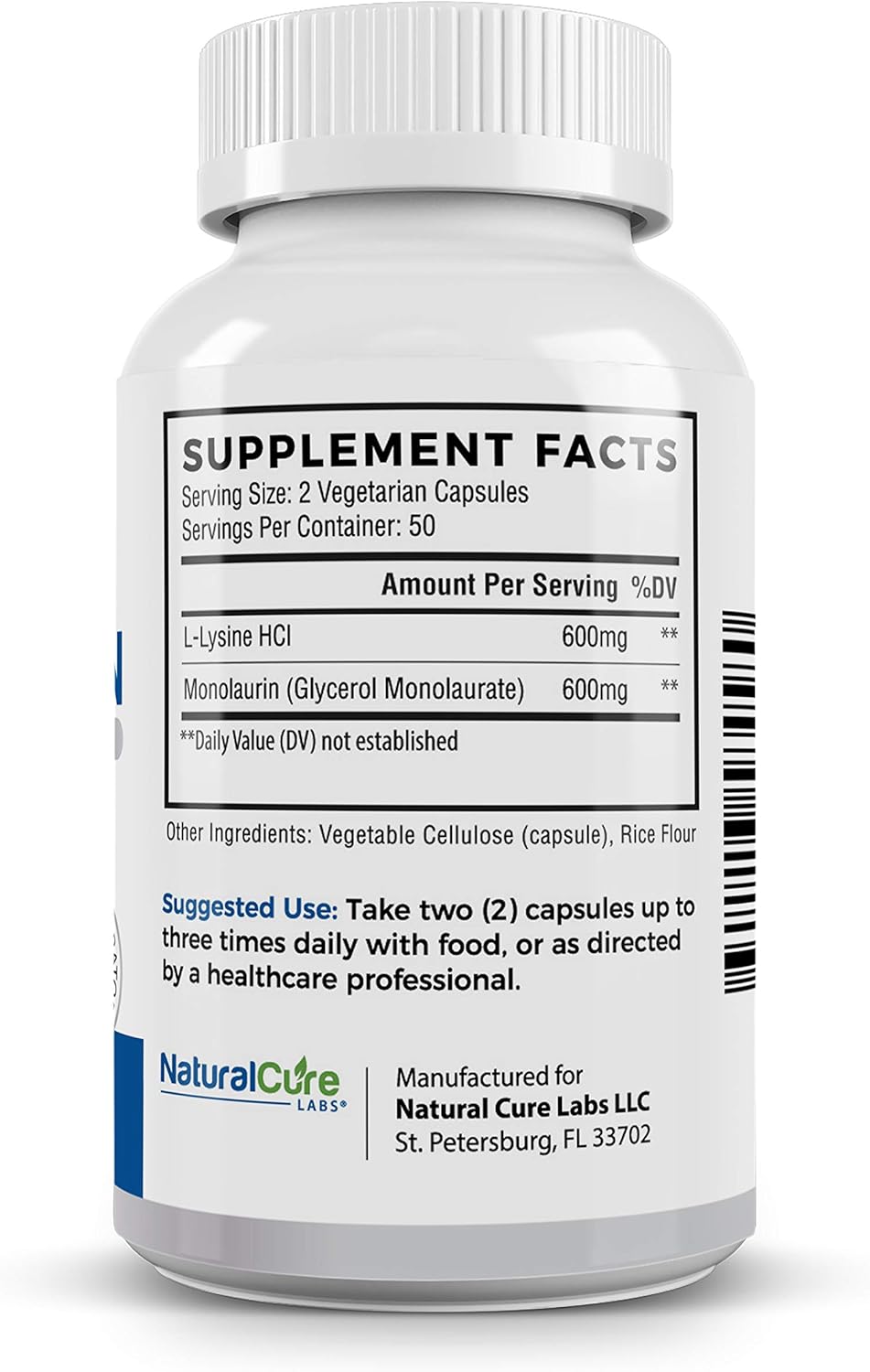 L-Lysine and Monolaurin 600mg Capsules - 100 Count, Natural Cure Labs Formula
