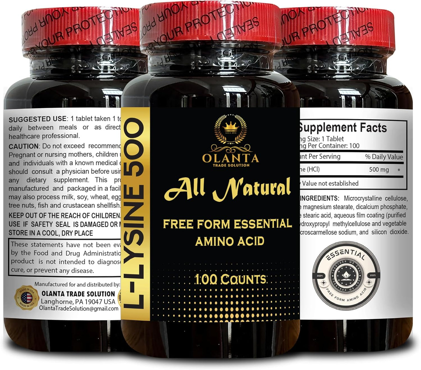 L-Lysine Supplement for Connective Tissue Health and Collagen Synthesis - 100 Count Bottle for Adults