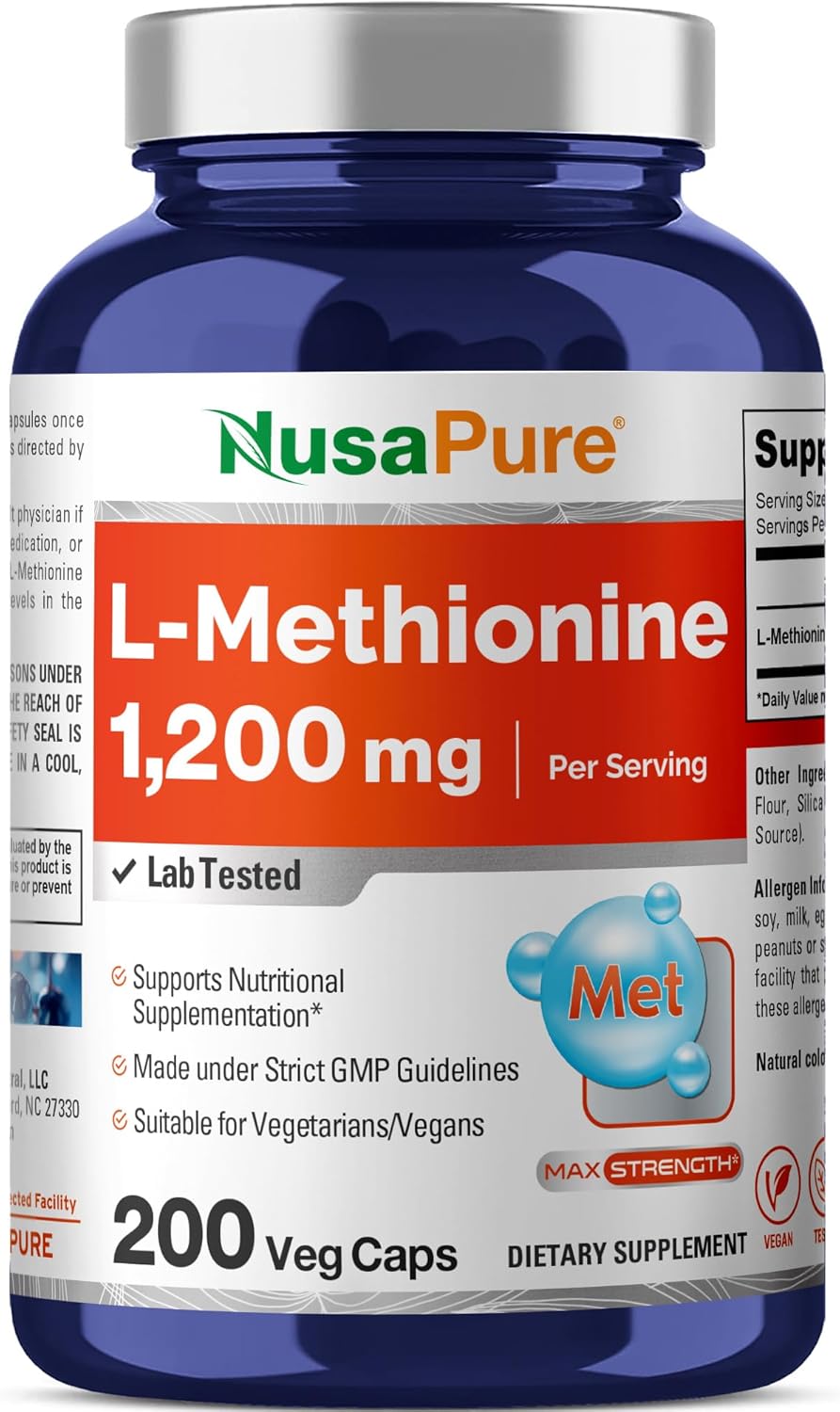 L-Methionine 1200mg Capsules - 200 Count - Non-GMO Vegan Dietary Supplement by NusaPure