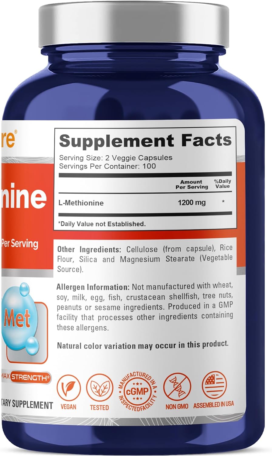 L-Methionine 1200mg Capsules - 200 Count - Non-GMO Vegan Dietary Supplement by NusaPure